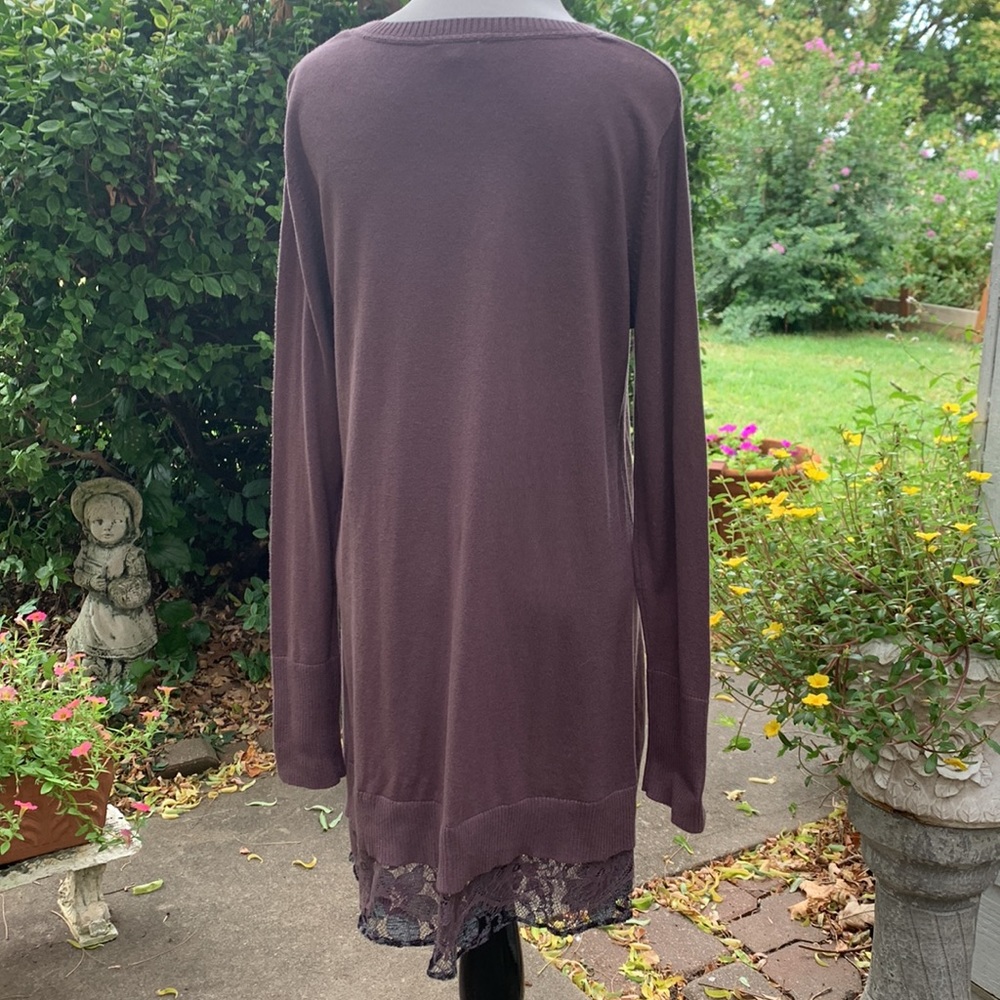 LOGO Lori Goldstein Brown High Low Tunic Sweater with Lace Detail - Picture 6 of 8